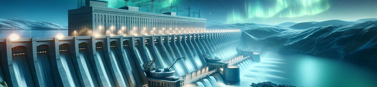 Hydroelectric plant visible at night with a northern lights hovering above majestically