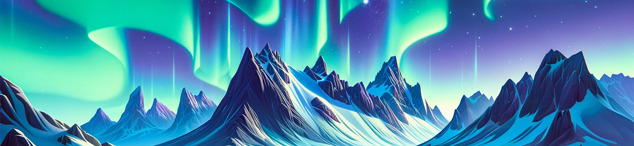 Banner showing pristine mountain in Iceland covered by northern lights